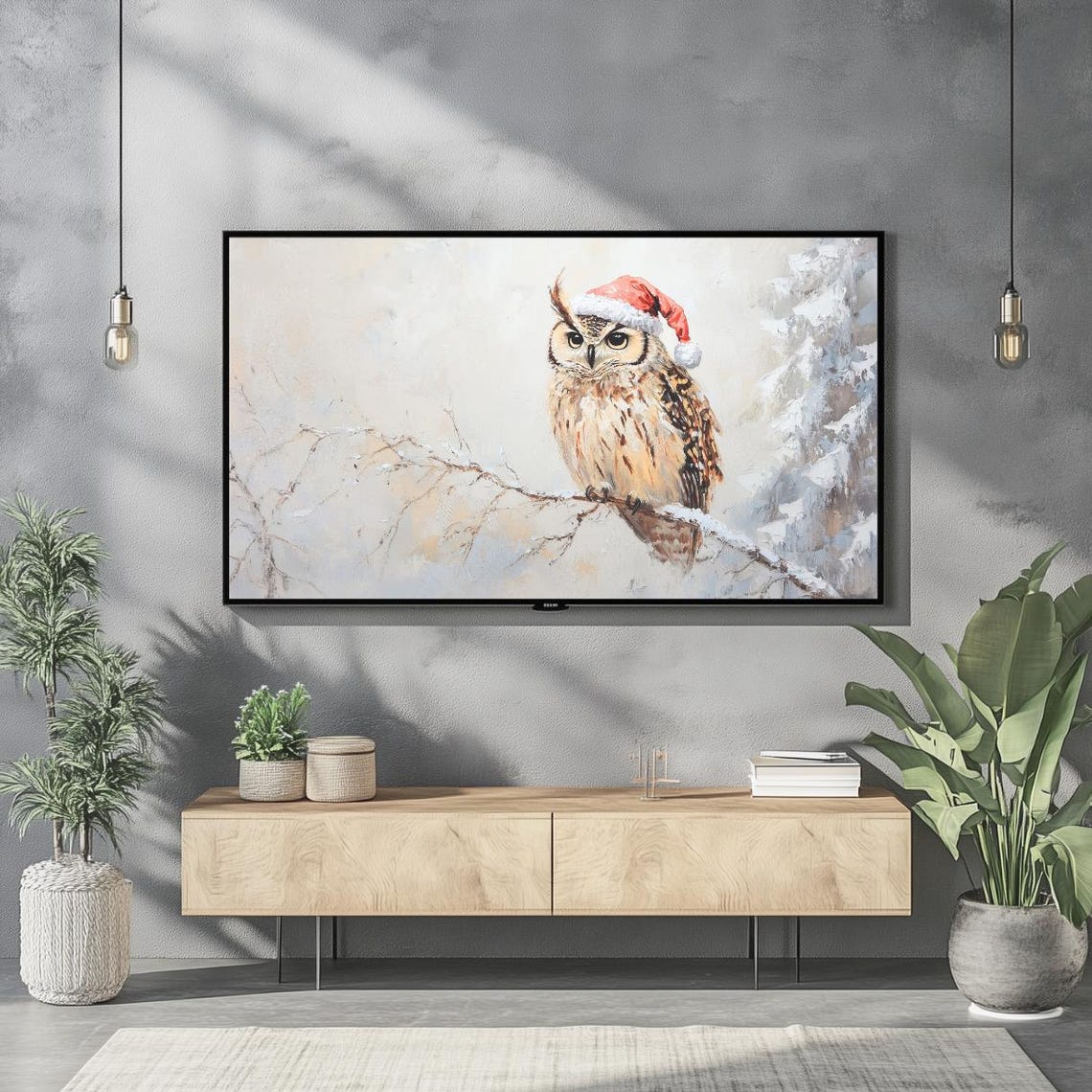 Christmas Owl Santa Hat Snowy Branch Cute Winter Wildlife Wall Art - Image 2