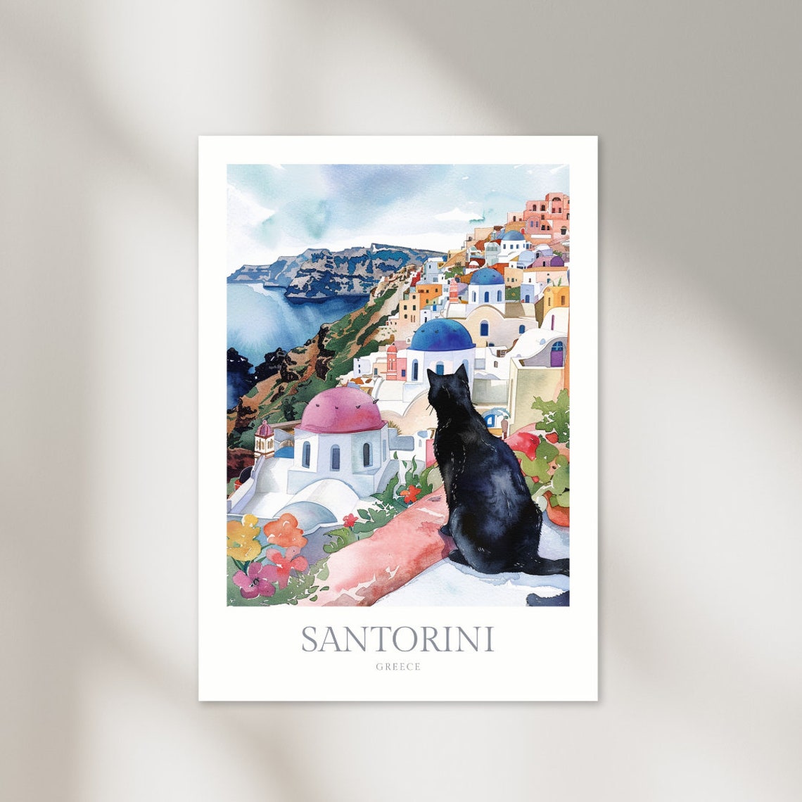 Santorini Greece Black Cat Blue Dome Watercolor Island Travel Poster