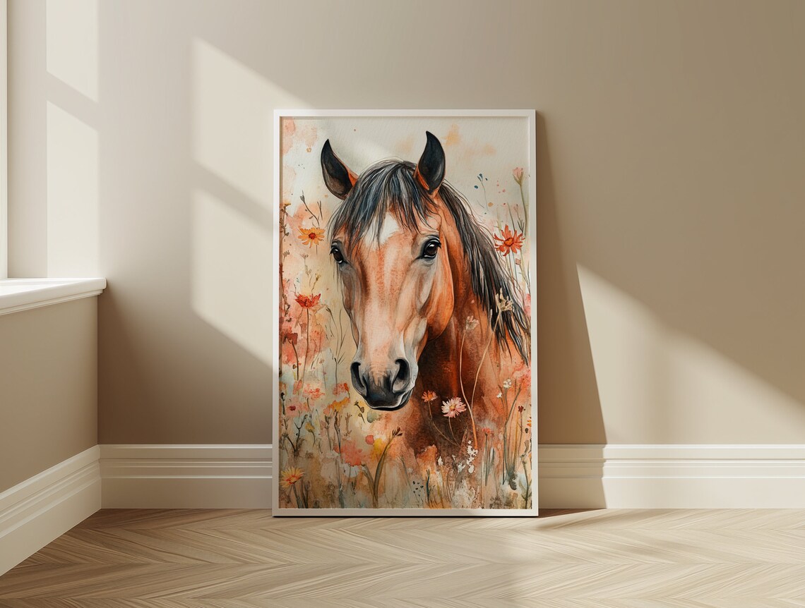 Chestnut Horse Portrait Amid Wildflowers Watercolor Horse Poster - Image 3