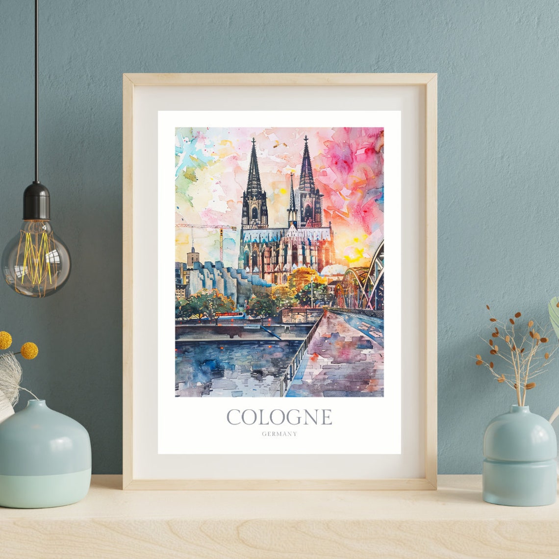 Cologne Germany Watercolor Cathedral Bridge Sunset City Art Poster - Image 2