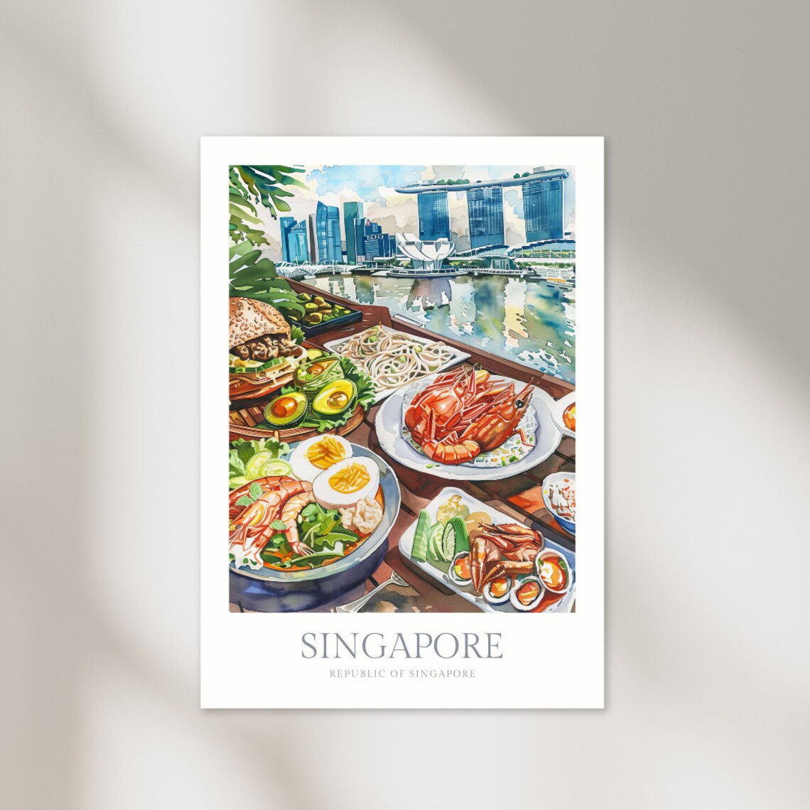 Singapore Food Feast Marina Bay Sands Skyline Watercolor Travel Poster