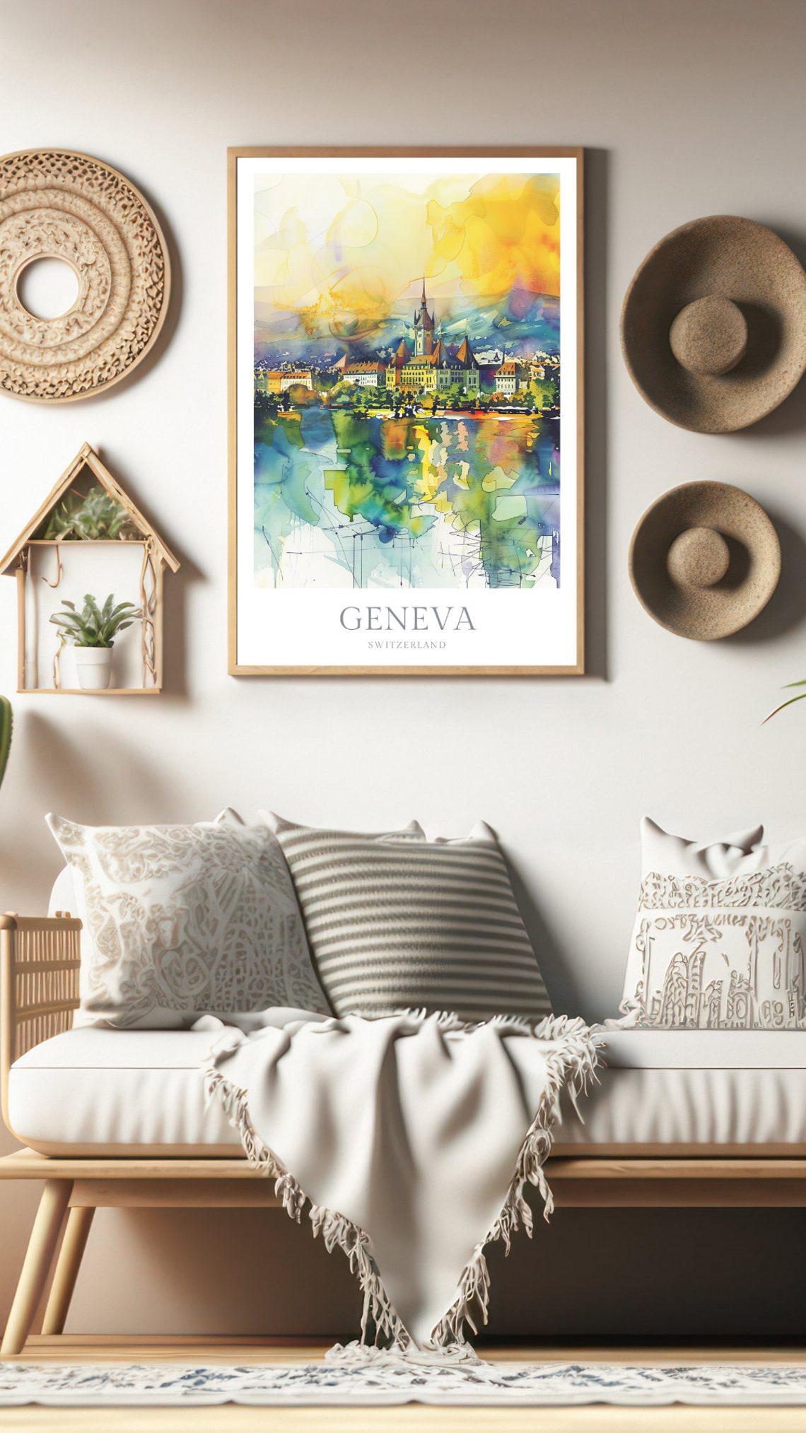 Geneva Switzerland Lake Reflection Golden Sky Watercolor Poster - Image 2