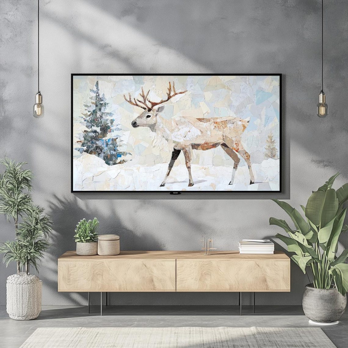 Winter Reindeer Snow Scene Textured Painting Frame TV Art Print - Image 2