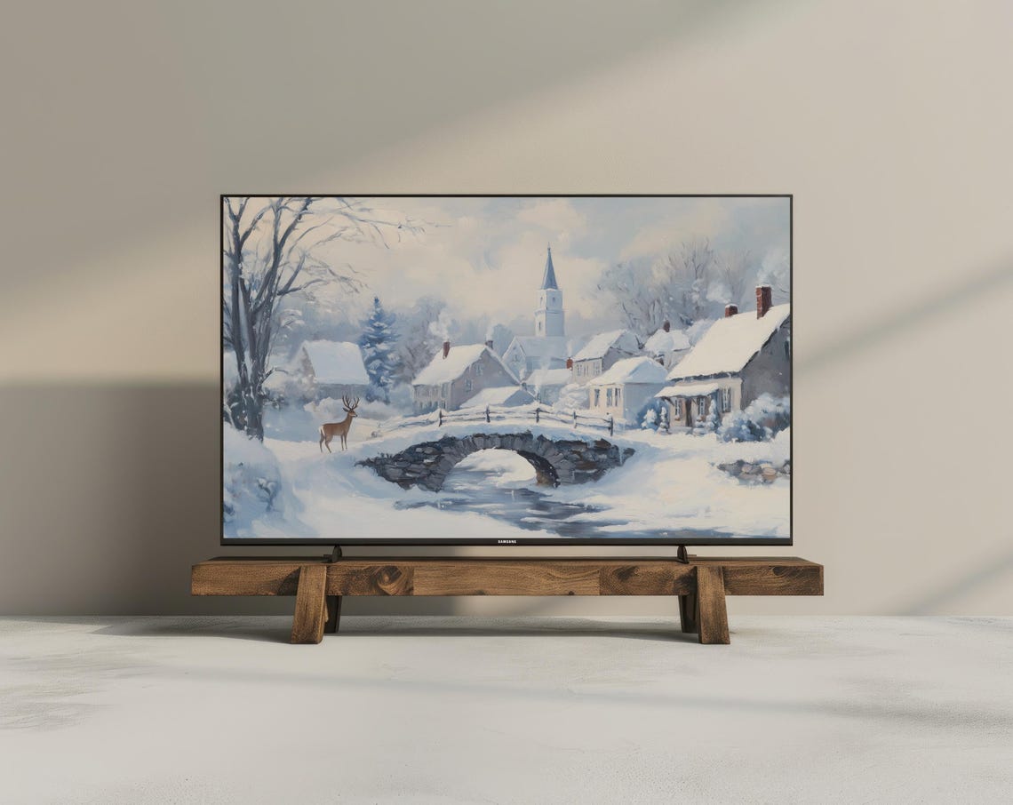 Frame Tv Art For Tv Art Winter Village Farmhouse Christmas Art For Tv Snowy Winter Oil Painting Holiday Decor Deer - Image 3