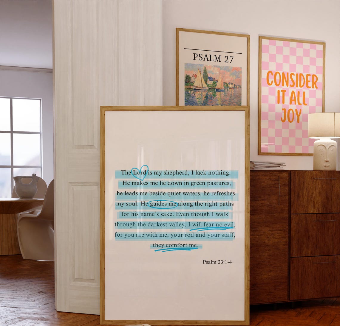 Psalm 231 4 Print Trendy Christian Wall Art Modern Scripture Wall Art Blue Highlighter Bible Verse Christian Poster - Image 4