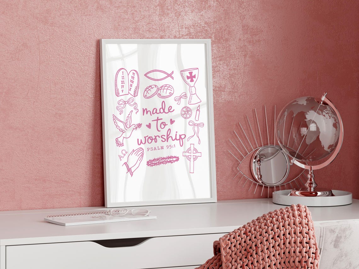 Made To Worship Print Psalms Scripture Trendy Christian Wall Art Pink Bow Retro Poster Christian Poster Dorm Decor - Image 3