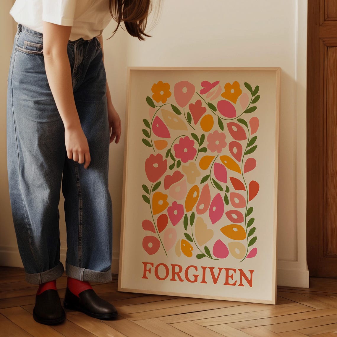 Forgiven Christian Wall Art Flower Print Colorful Floral Bible Verse Print Retro Wall Art Scripture Art Wall Decor - Image 4