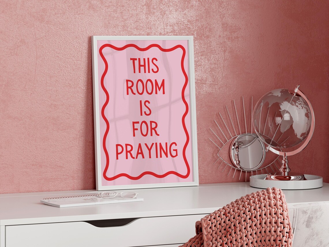 Pink Red Wavy Border This Room Is For Praying Christian Poster - Image 3