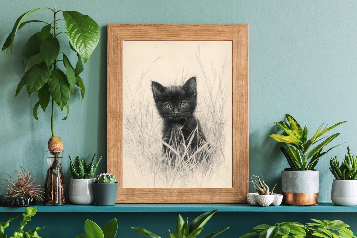 Cute Black Kitten In Tall Grass Pencil Sketch Nursery Cat Lover Wall Art Poster - Image 4