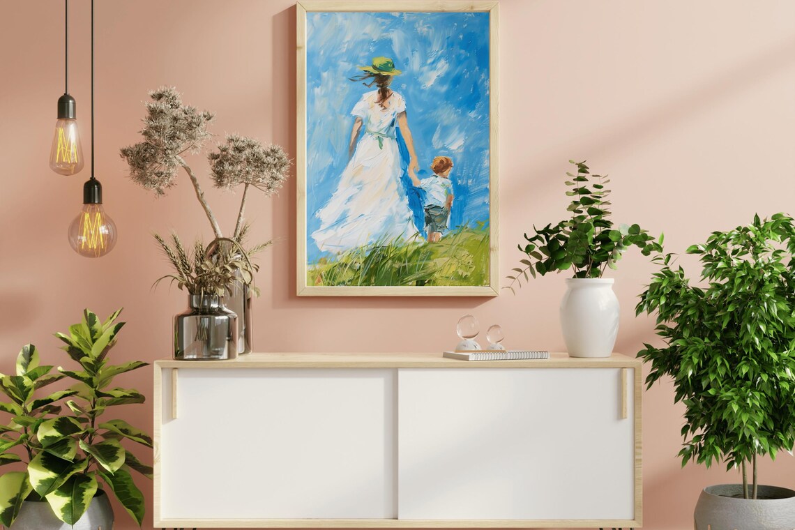 Mother And Child Walking In Summer Field Vintage Oil Painting Poster - Image 2