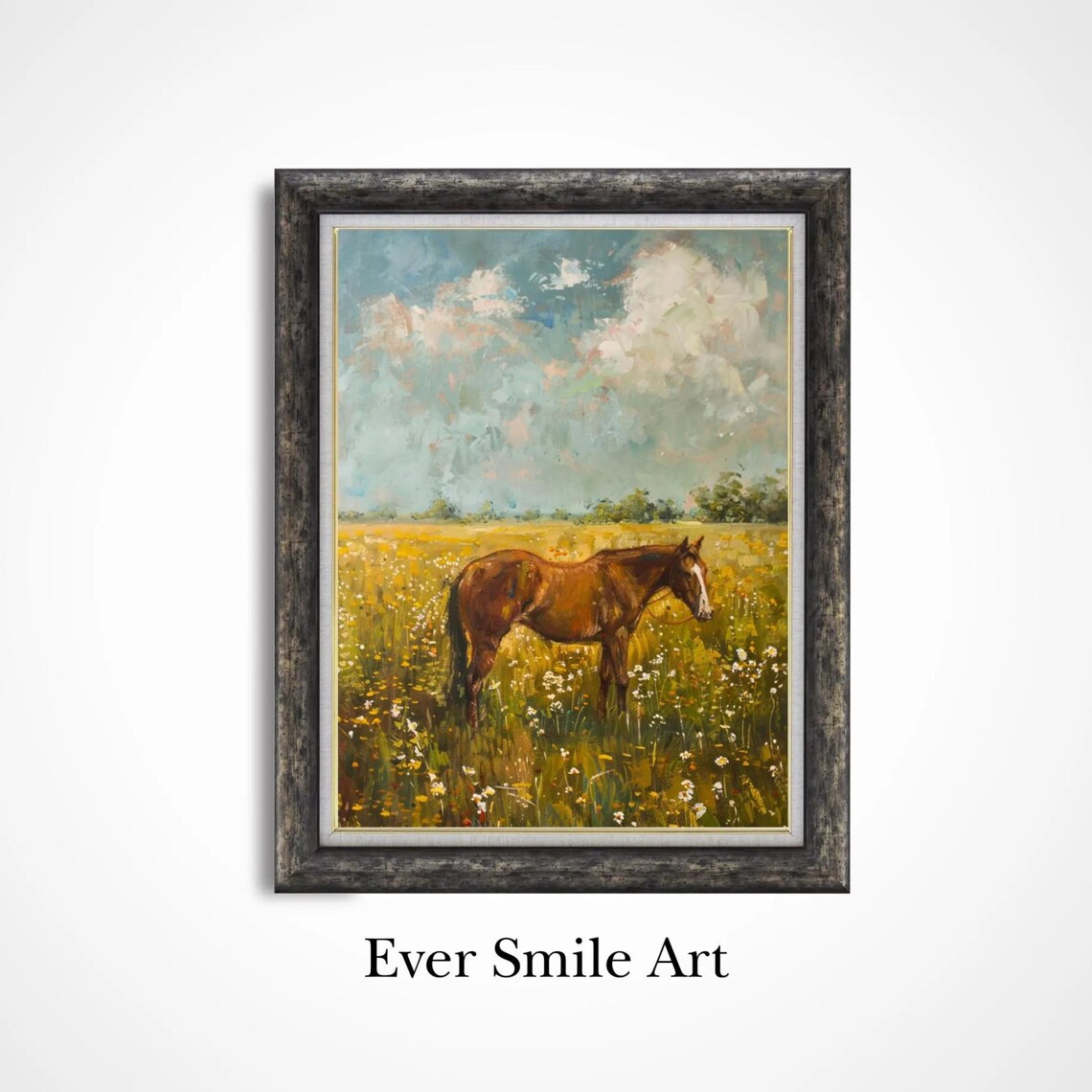 Chestnut Horse Wildflower Field Summer Day Vintage Oil Painting Print