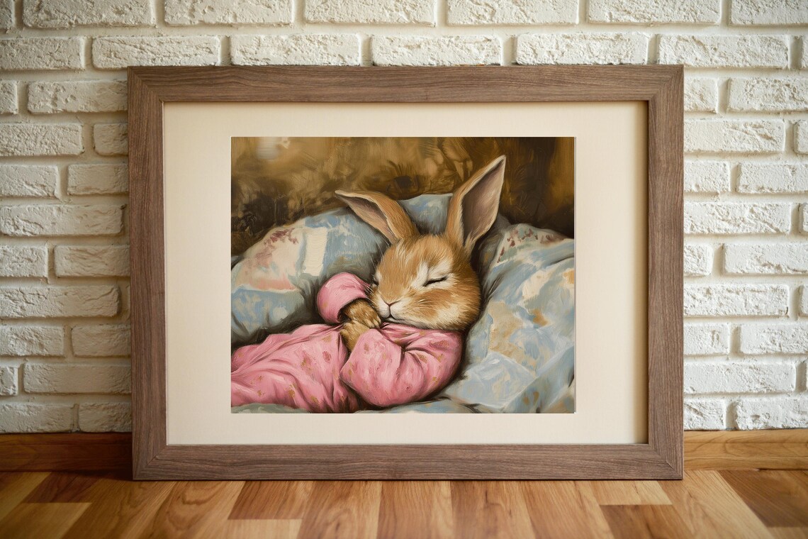 Sleeping Bunny In Pink Pajamas Cozy Vintage Nursery Wall Art Poster - Image 2