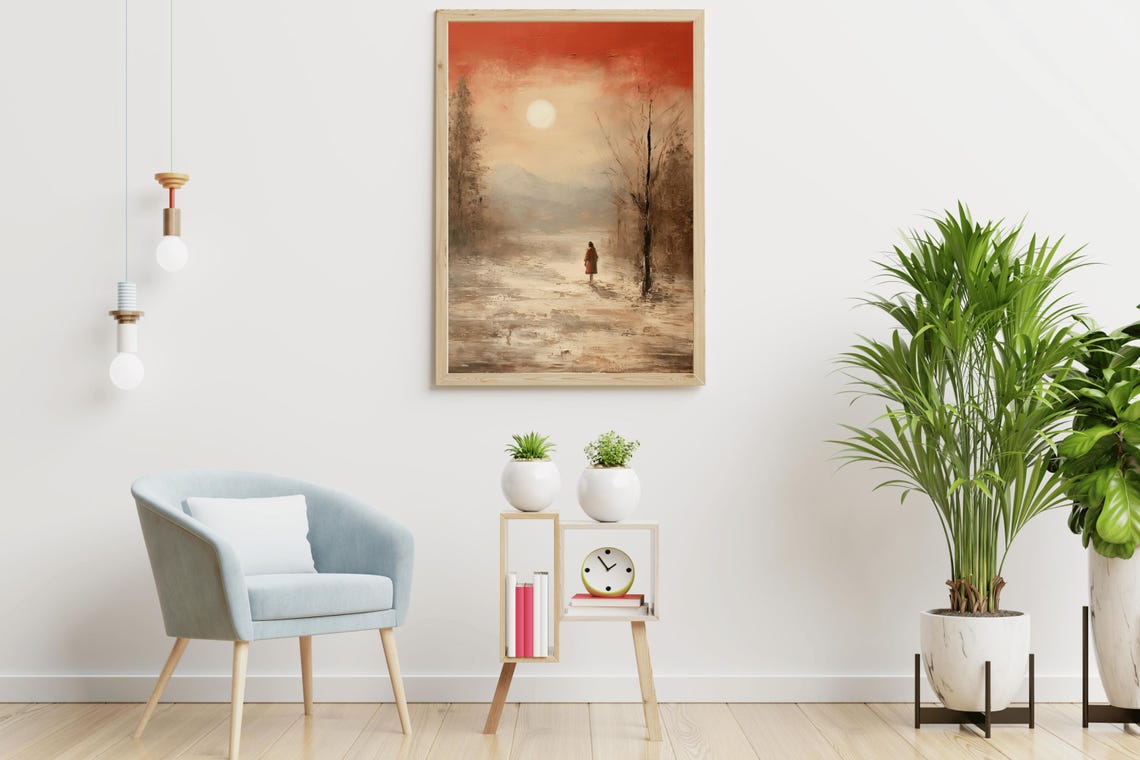 Lone Figure Red Coat Snowy Path Burnt Orange Sunset Winter Art Poster - Image 4