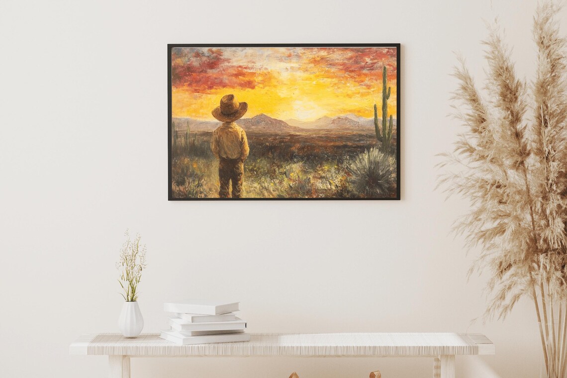 Little Cowboy At Desert Sunset With Saguaro Cactus Western Art Poster - Image 4