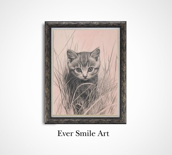 Tabby Kitten Sketch In Grass Vintage Cat Nursery Wall Art Poster