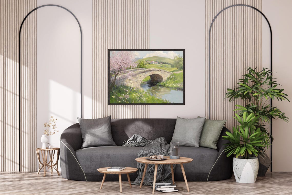 Stone Bridge Over River With Cherry Blossom Spring Landscape Poster - Image 3