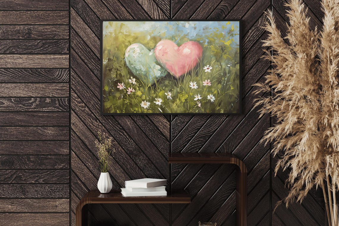 Pink And Mint Hearts In Daisy Meadow Vintage Valentine Art Poster - Image 2