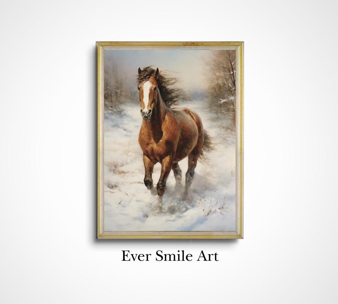Chestnut Brown Horse Galloping Snow Winter Scene Equestrian Art Poster