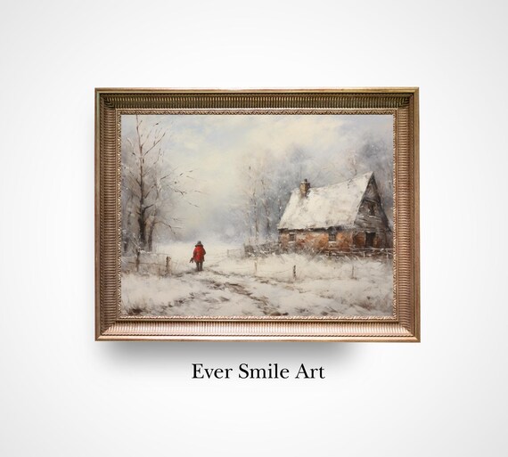 Snowy Cottage Red Coat Figure Falling Snow Vintage Winter Painting