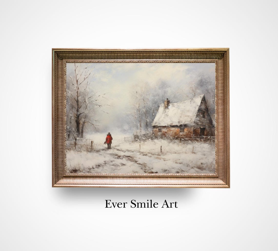 Snowy Cottage Red Coat Figure Falling Snow Vintage Winter Painting