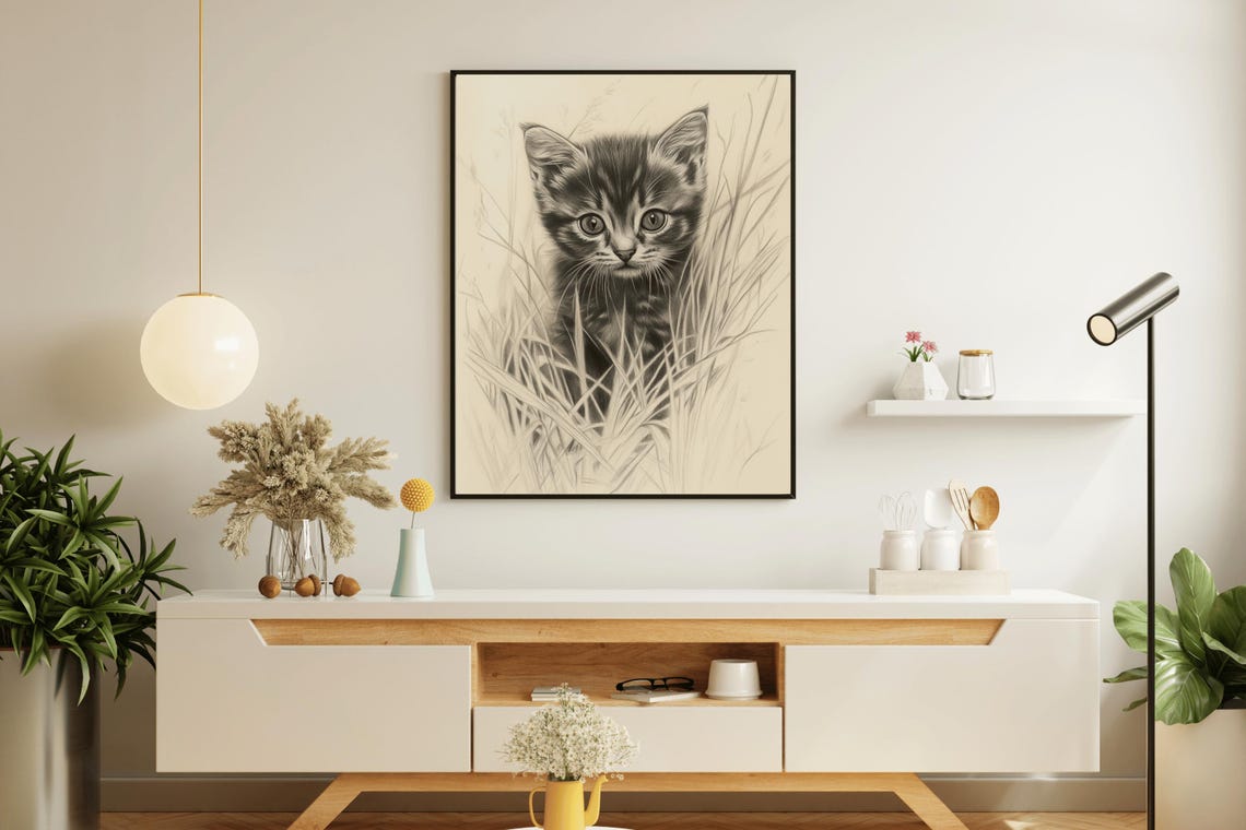 Tabby Kitten In Tall Grass Vintage Pencil Sketch Cat Wall Art Poster - Image 5