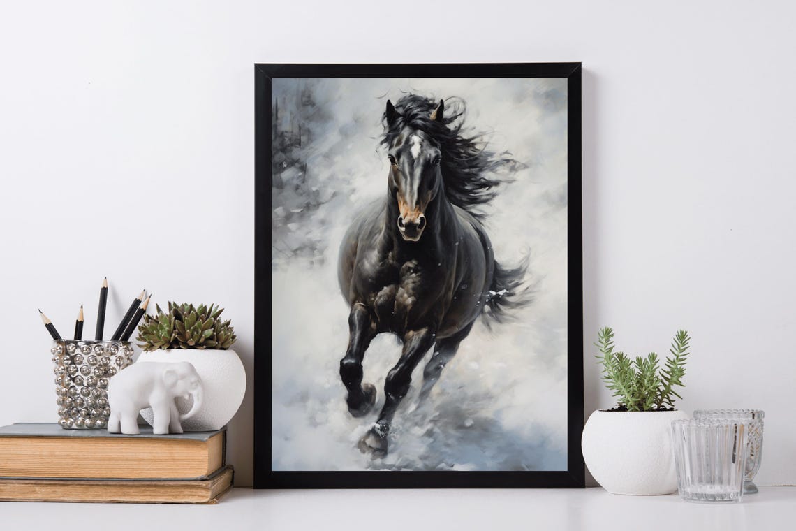 Black Horse Galloping Through Mist Dramatic Equine Oil Painting Print - Image 5