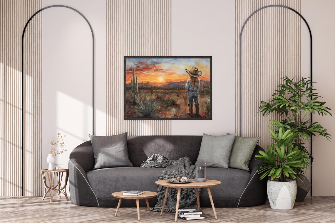 Little Cowgirl Watching Desert Sunset Saguaros Western Art Print - Image 2