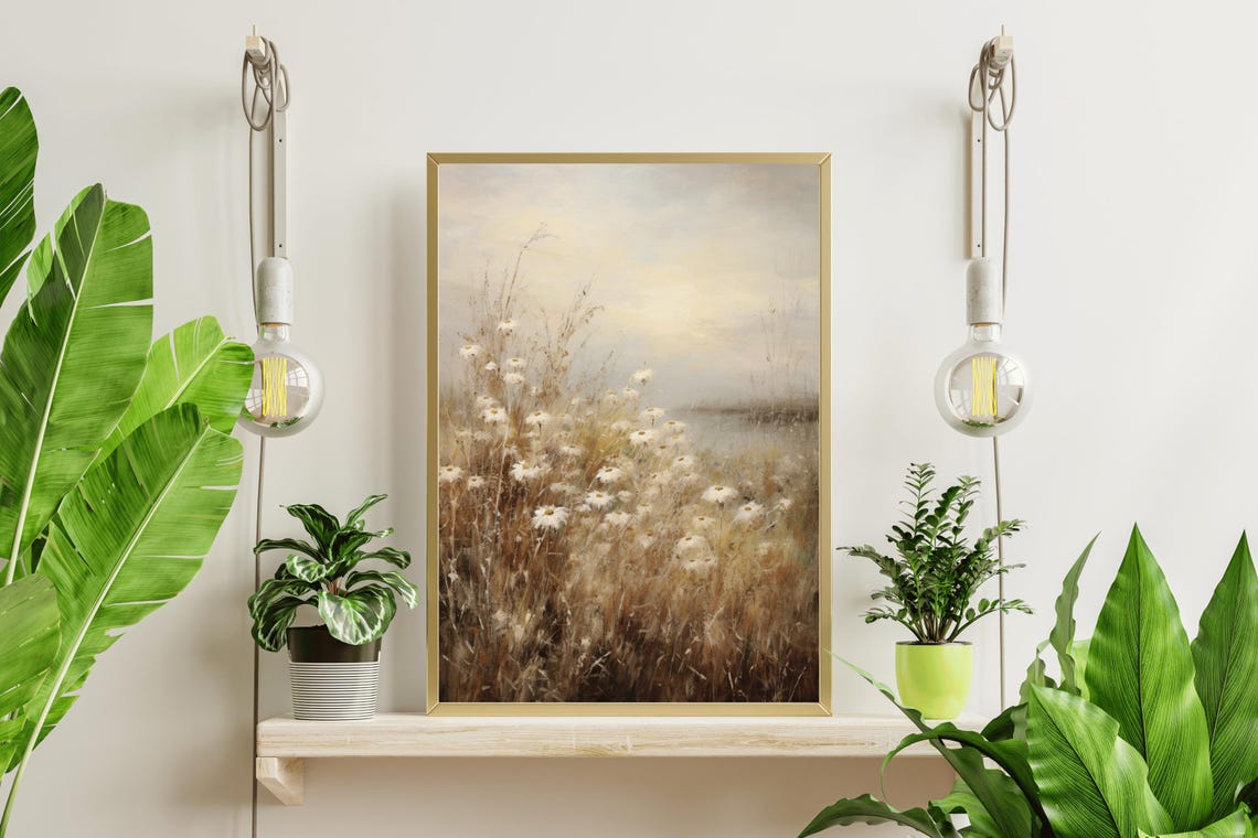 White Daisies Golden Grass Misty Shore Soft Neutral Floral Art Poster - Image 4