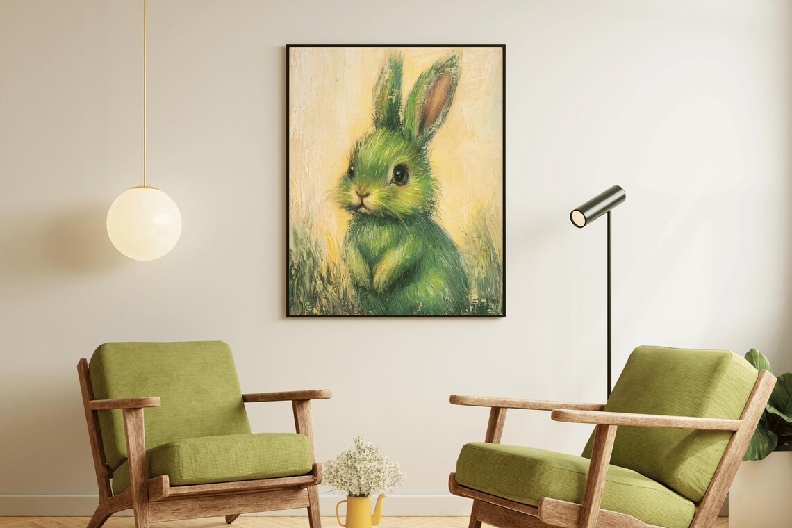 Green Bunny Whimsical Oil Painting Cute Nursery Animal Wall Art - Image 2