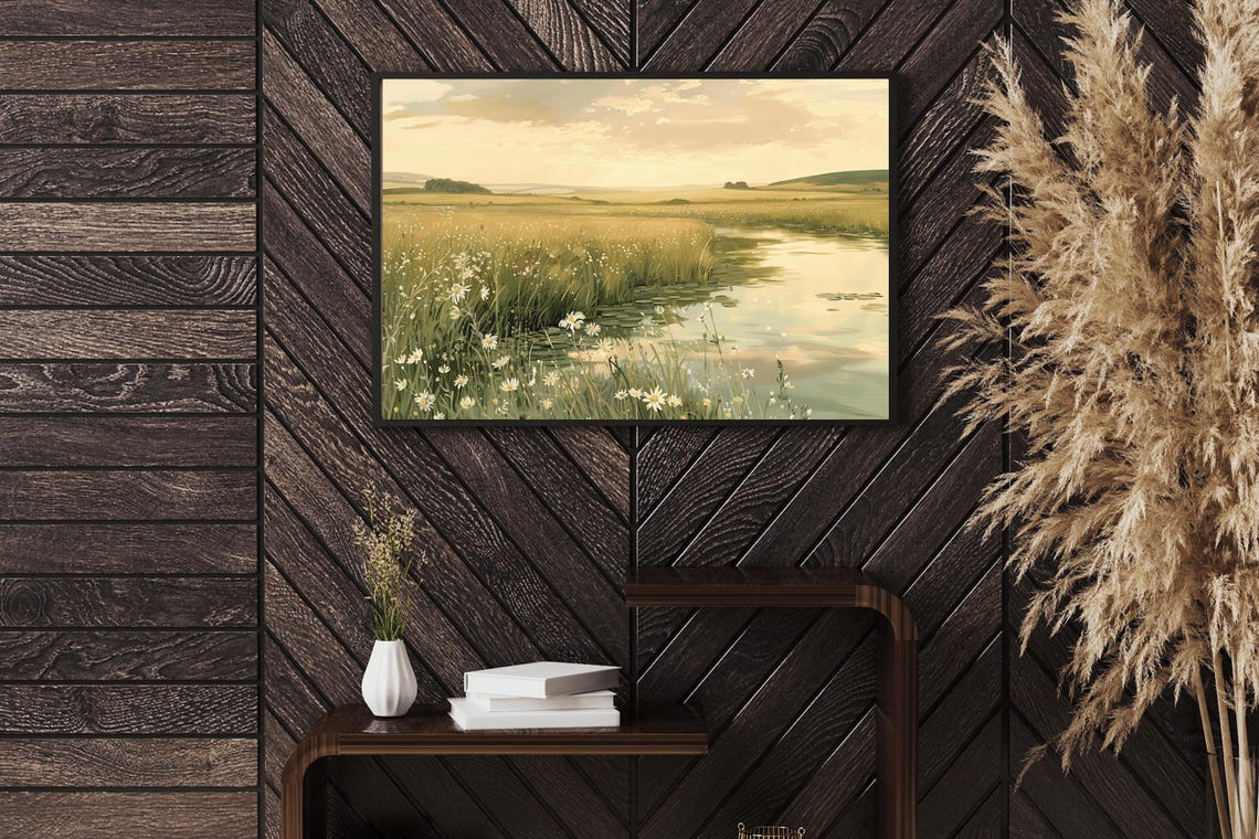 Wildflowers River Bend Golden Evening Light Serene Nature Art Poster - Image 2