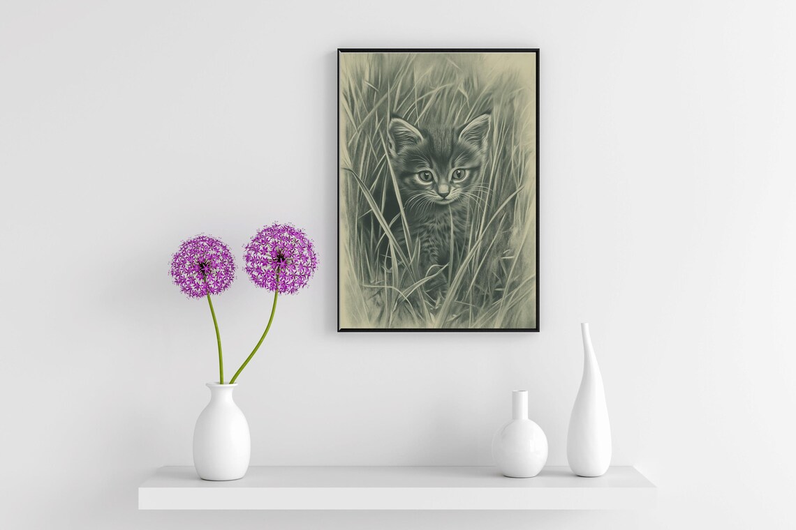 Kitten Hiding In Tall Grass Vintage Green Nursery Cat Sketch Art Poster - Image 4