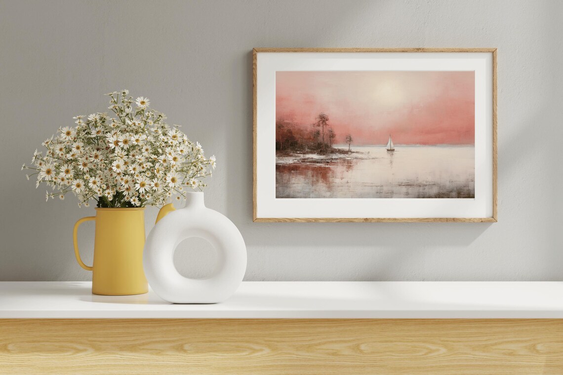 Sailboat Pink Sunset Calm Sea Vintage Oil Painting Coastal Poster - Image 5