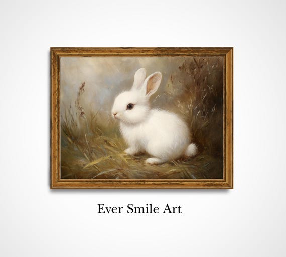 Cute White Bunny Vintage Oil Painting Style Instant Gift For Nursery Decor Childrens Room Wall Art Rabbit Gift