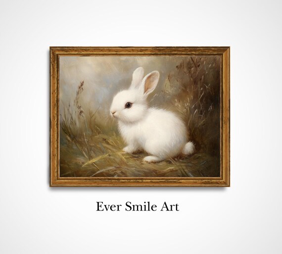 White Bunny Meadow Vintage Oil Painting Cute Rabbit Animal Poster