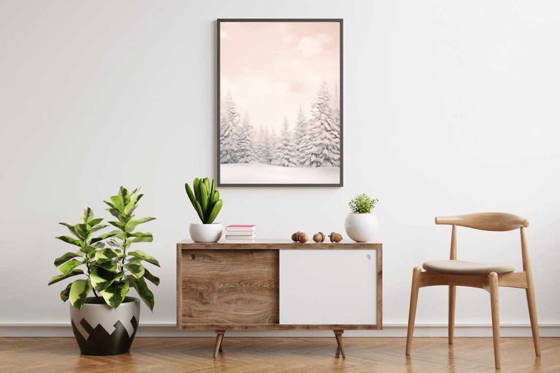 Snowy Pine Forest Blush Pink Dawn Vintage Oil Painting Winter Print - Image 3