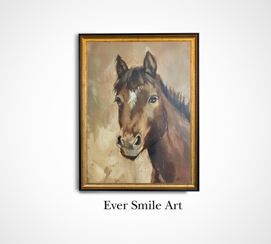 Brown Horse Portrait Close Up Gentle Eyes Vintage Equine Oil Painting