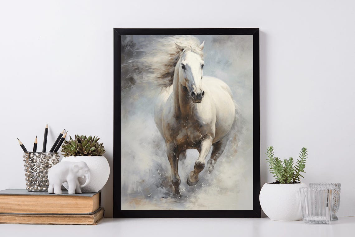 White Horse Galloping Through Mist Majestic Equine Oil Painting Print - Image 5