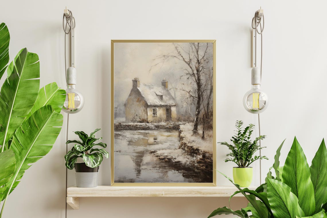 Stone Cottage By Winter Pond Reflection Vintage Oil Painting Print - Image 4
