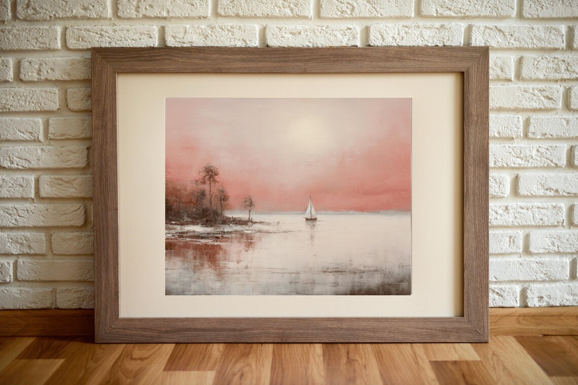 Sailboat Pink Sunset Calm Sea Vintage Oil Painting Coastal Poster - Image 4