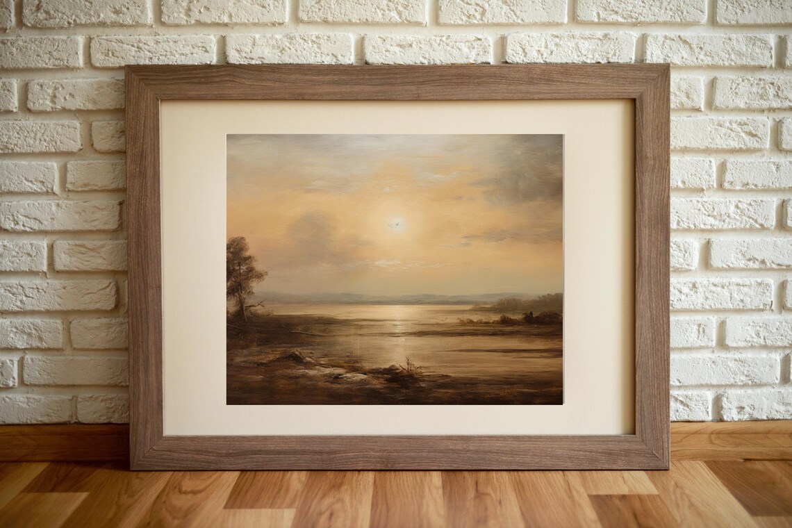 Golden Sunset Calm Lake Shore Lone Tree Warm Haze Nature Art Poster - Image 4