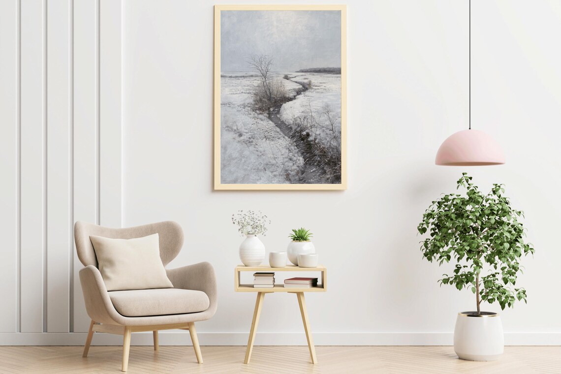 Snowy Field Winding Stream Minimalist Winter Vintage Oil Painting - Image 2