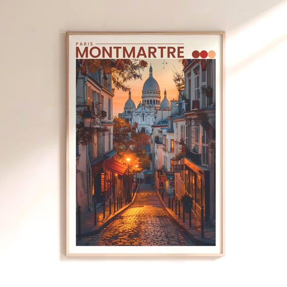Paris Montmartre Travel Poster Sacrcur Basilica Sunset Wall Art