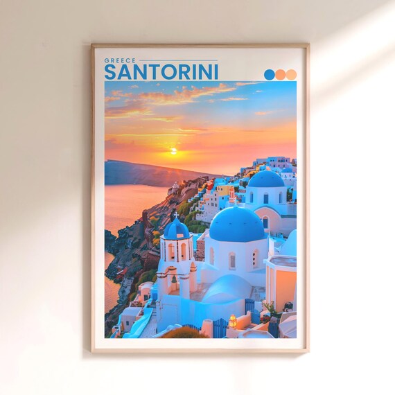 Santorini Greece Oia Blue Domes Sunset Aegean Sea Travel Poster