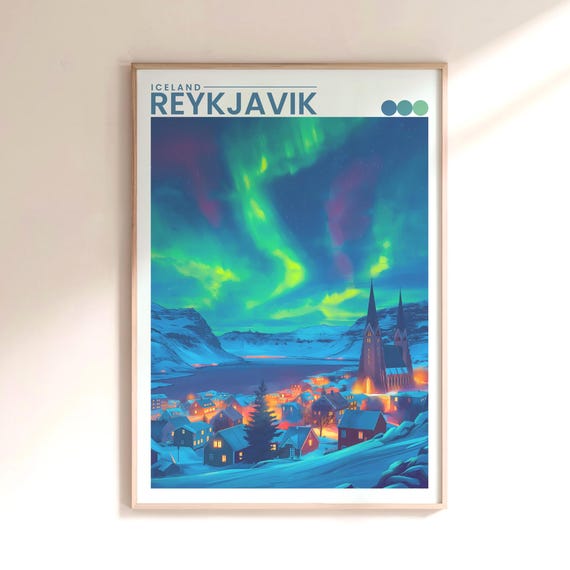 Reykjavik Iceland Travel Poster Northern Lights Winter Wall Art Print