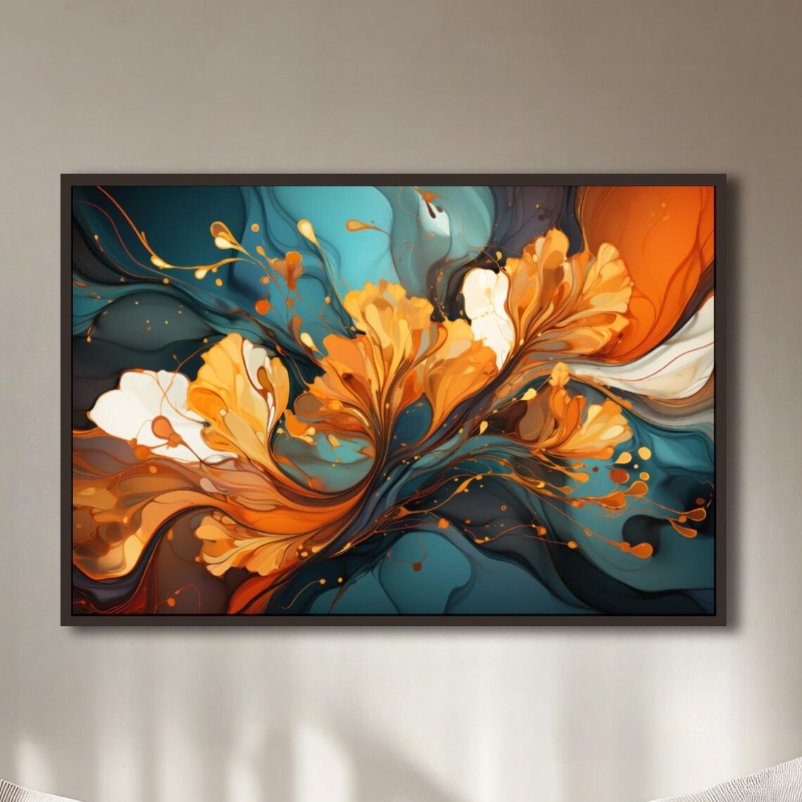 Teal, Orange, Beige and Gold Abstract Art Print
