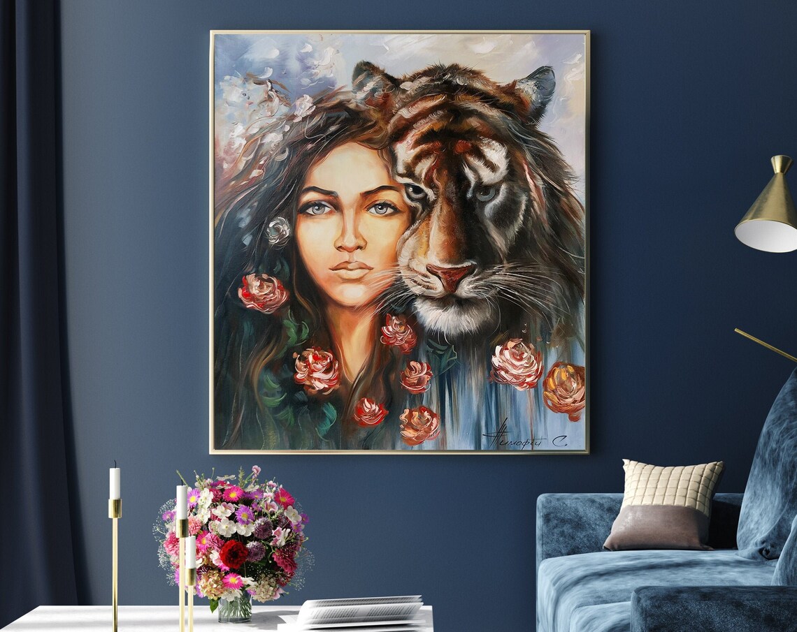 Tiger Face Oil Painting, Colorful Blue-Eyed Art Print - Image 3