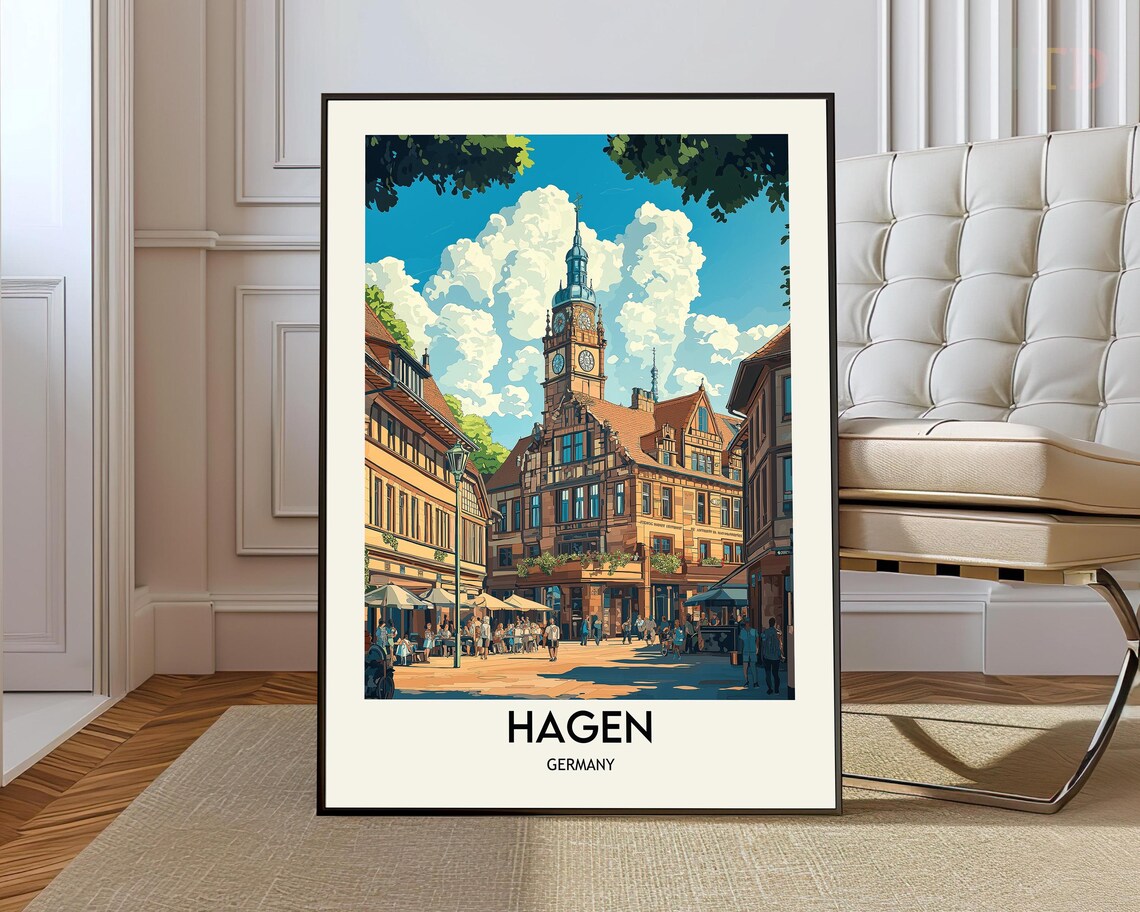 Hagen Germany Town Square Clock Tower Historic Illustration Poster