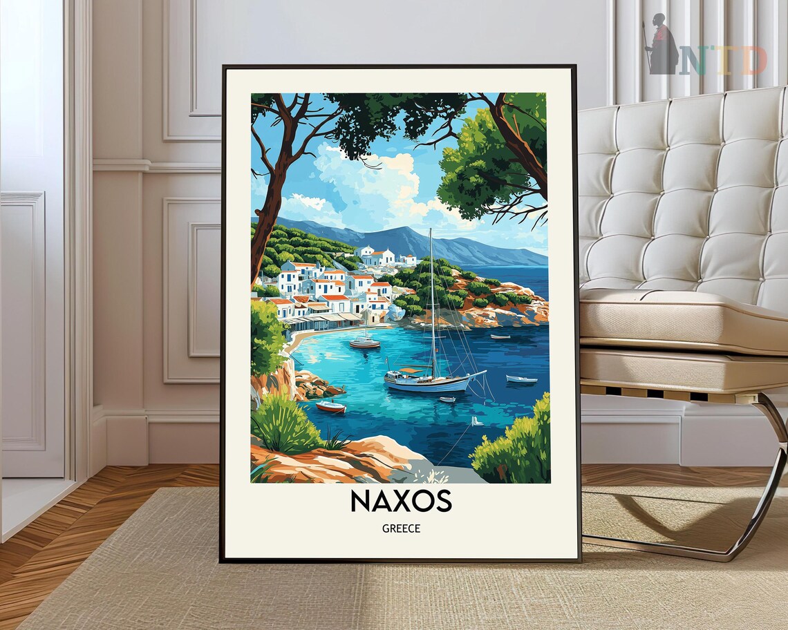 Naxos Greece Harbor Sailboats White Houses Vintage Travel Poster