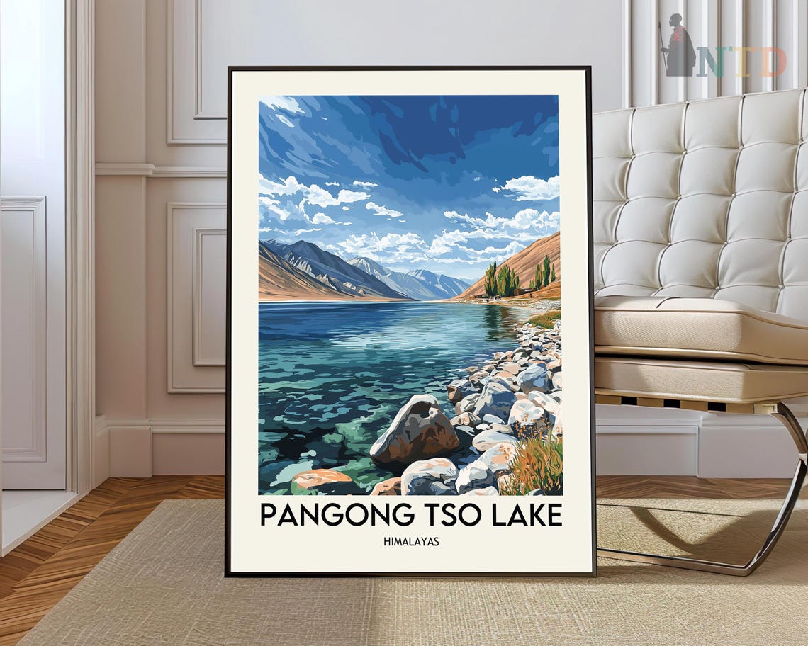 Pangong Tso Lake Himalayan Rocky Shoreline Blue Water Travel Poster