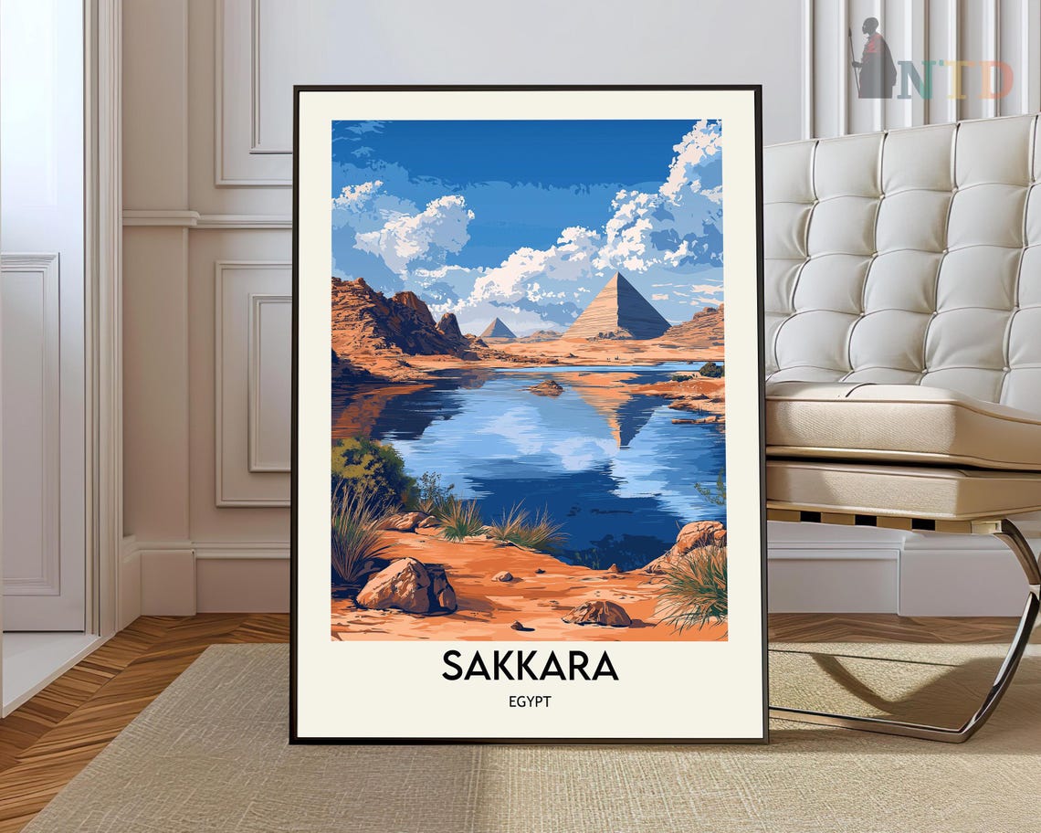 Sakkara Egypt Ancient Pyramids Above Oasis Lake Sunset Travel Poster